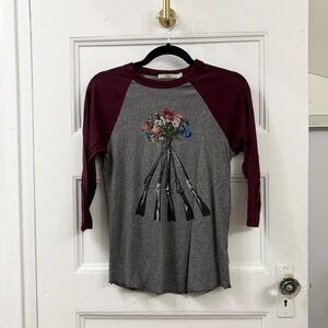 Obey Gray and Burgundy Raglan Tee with bouquet & Rifle Design - Sz XS